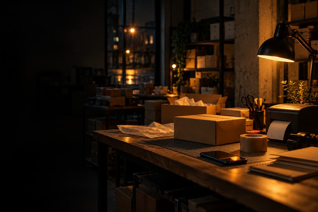 A small online store’s packing table at night, boxes ready and a phone lit with a new order.