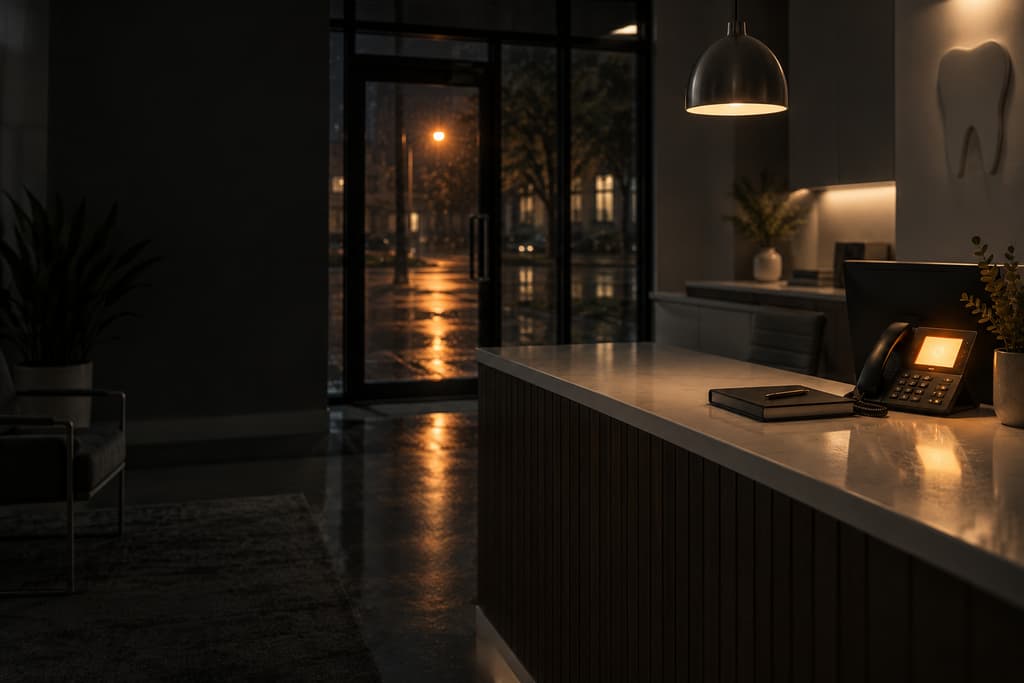 An empty clinic front desk after hours, the desk phone lit up with an incoming call.