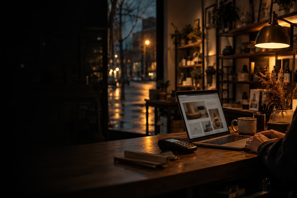 A shop owner’s counter at dusk with a laptop open on the store’s website.